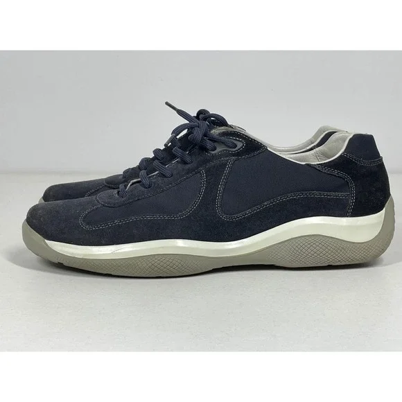 Prada Men's Dark Blue Suede Nylon Lace Up Sneakers Shoes Size 10